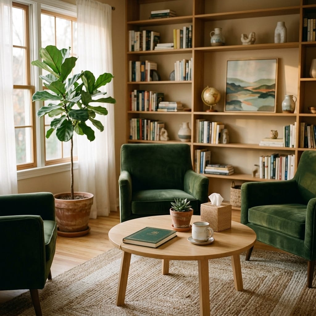 Sala de estar aconchegante com poltronas de veludo verde ao redor de uma mesa de centro, estante de madeira e planta figueira-lira ao fundo
